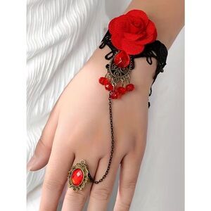 NWT Gothic Black Lace Red Rose Hand Chain Ring Bracelet Vampire Steampunk